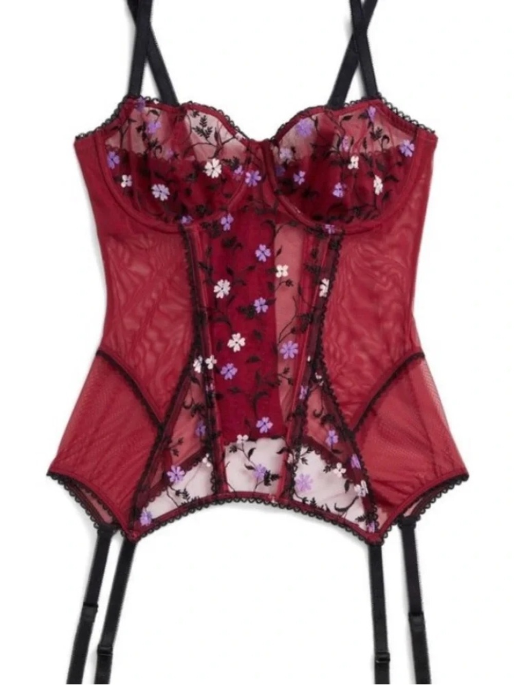 Adore Me Amaris 42C Burgundy Floral Embroidered Bustier Corset Garter Lingerie